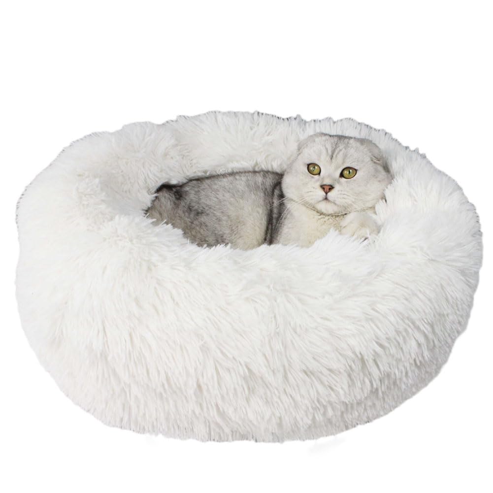 YOUCAI Puppy Bed for Medium Small Dogs Cats Non-Slip Bottom Fluffy Calming Kitten Bed for Small Dog and Puppy Plush Cuddler Pet Bed Round Plush Dog Bed,White,110cm