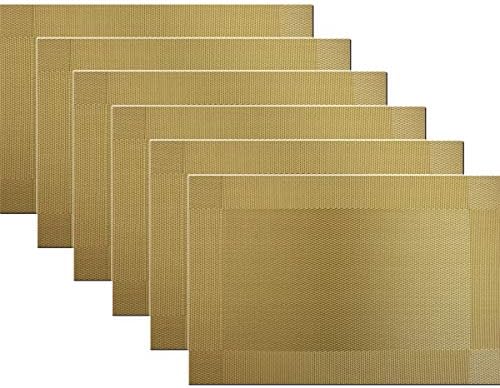 Panda Palm Placemats Vinyl Twill Weave Heat-Resistant Table Mats Washable Kitchen Placemats for Dinig Table Set of 6 (Gold)