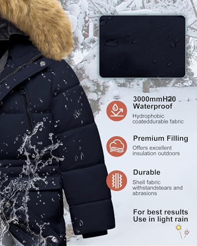 Image of Boy's Winter Coat Waterproof Kids Puffer Jacket Thicken Parka Fleece Lined Bubble Ski Snow Outerwear with Fur Hood
