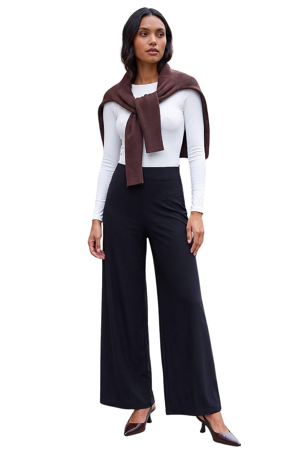 Roman Originals Women's Black Roman Wide Leg Trousers For Uk Palazzo Pants Evening Jersey Elasticated High Waist Smart Flared Culotte Office Work Going Out Loose Crepe Bottoms - Size 18