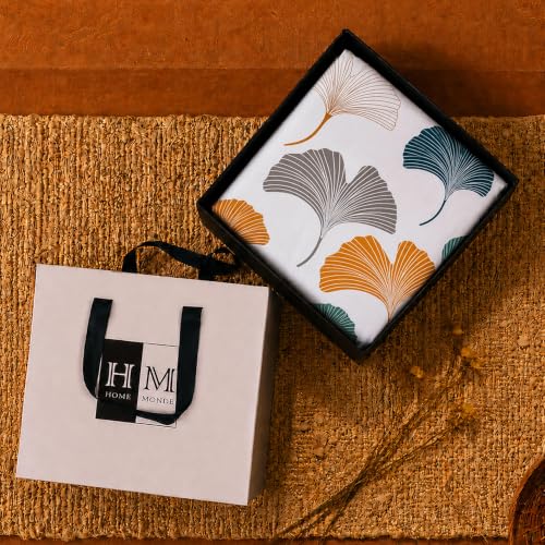 Image of HOMEMONDE Premium Cotton King Size Bedsheet 108 x 108 Inch, 210 TC Leaf Printed Flat Sheet with 2 Pillow Covers, Mustard & Grey, Premium Gift Box Included | Perfect for Home Decor & Gifting