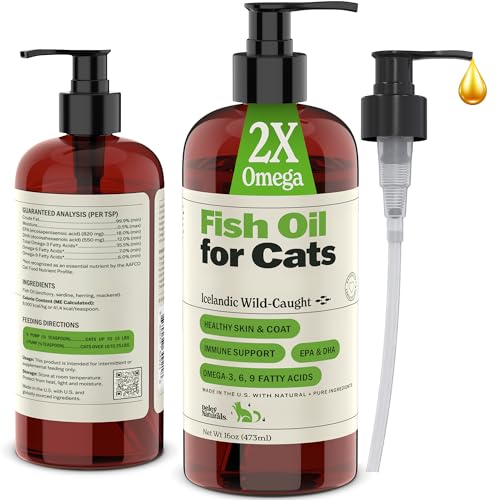 Deley Naturals Wild Caught Fish Oil for Cats with 2X Omega - Cat Fish Oil with Highest EPA & DHA Potency - Omega 3 for Cats for Shedding, Skin, Coat, Joints, Heart and Immune System - Made in the USA
