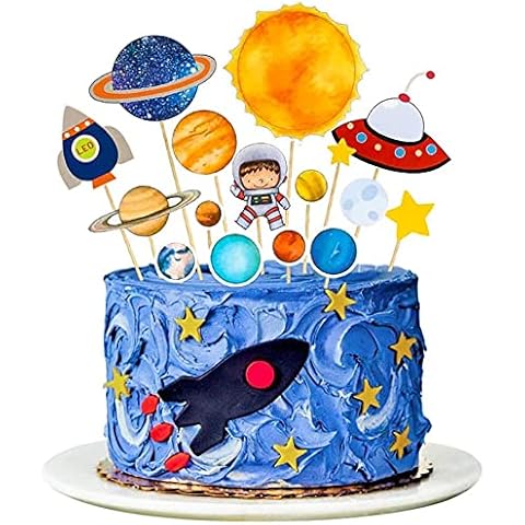 Cake Topper, Space Theme Happy Birthday Cake Decorations for Kid boys Personalised Astronaut Cupcake Toppers for 1st 2ed Kids Birthday Party 16 Pcs Cover