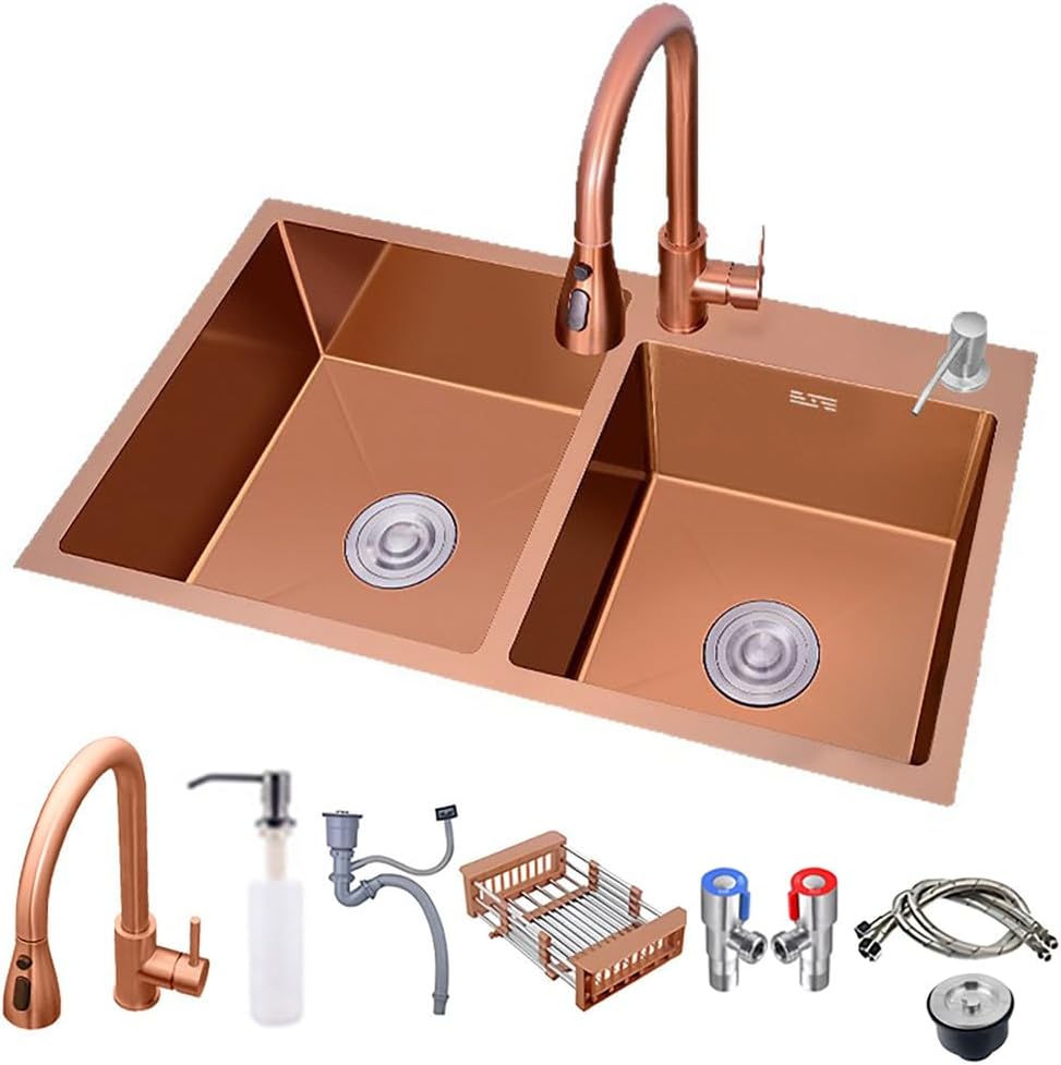 29-31In Drop in Double Bowl Kitchen Sink with Nano Coating,Stainless Steel Handmade Topmount Kitchen Sink Drop in Workstation Multifunctional Sink with Pull-Out Faucet,80 * 45 * 21cm