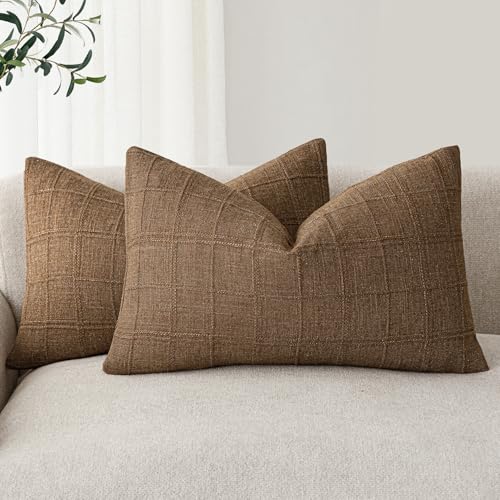 Image of Foindtower Set of 2 Decorative Linen Check Throw Pillow Covers Neutral Farmhouse Lumbar Cushion Covers Modern Boho Home Decor for Sofa Chair Couch Bedroom Living Room,12x24 Inch,Brown Hazel