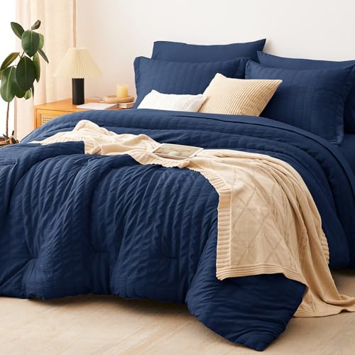 CozyLux Queen Comforter Set Navy Blue Seersucker 7 Pieces, Bed in...