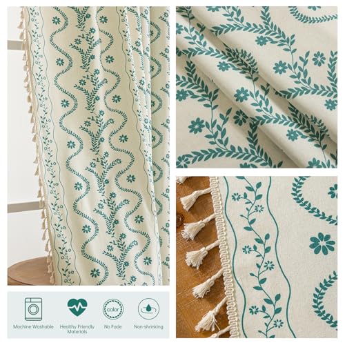 Image of Boho Curtains 72 Inch Long for Living Room, Bedroom, Turquoise White 2 Panels Floral Farmhouse Vintage Tassel Semi Sheer Light Filtering Privacy Window Curtain Drapes with Rod Pocket
