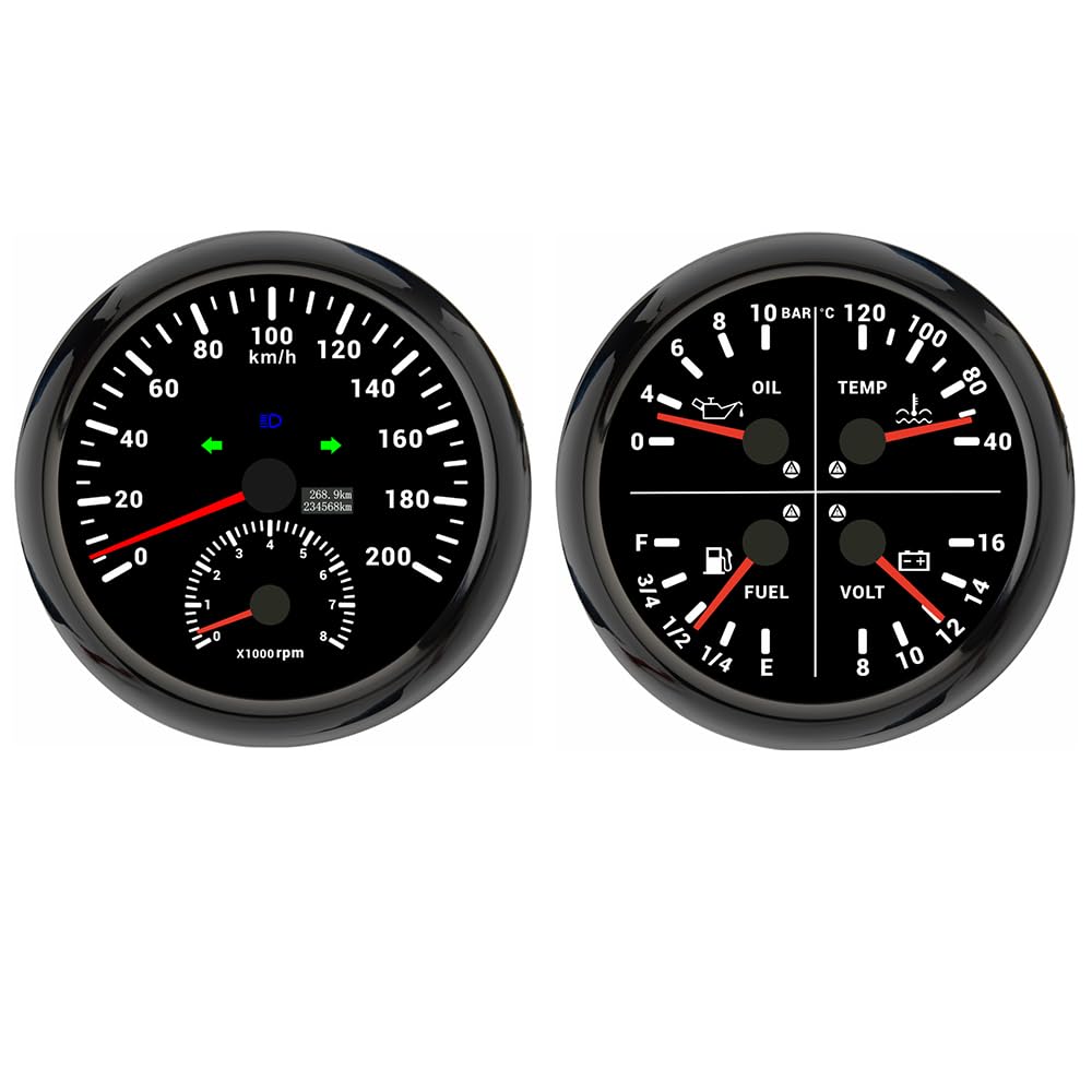 ELING Compteur de vitesse GPS de 110 mm 0-200 km/h avec tachymètre 0-8000 tr/min avec indicateur multifonction 4 en 1, niveau de carburant, pression d'huile, température de l'eau 12 V avec
