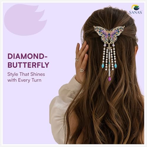 Image of Sanas (1Pcs) Butterfly Clips For Hair Accessories For Woman Stylish Crystal Drop Design Butterfly Hair Accessories For Women Wedding Hair Clips For Women Stylish Dangling Pearl Clip (1Pcs)(Multicolor)