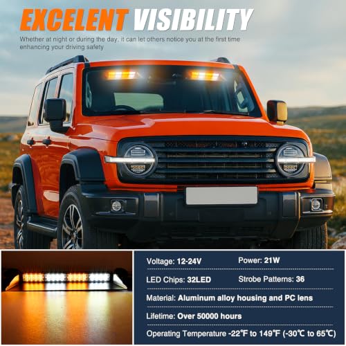 Image of Nilight 32LED Amber White Dash Strobe Light w /Controller Windshield Mount