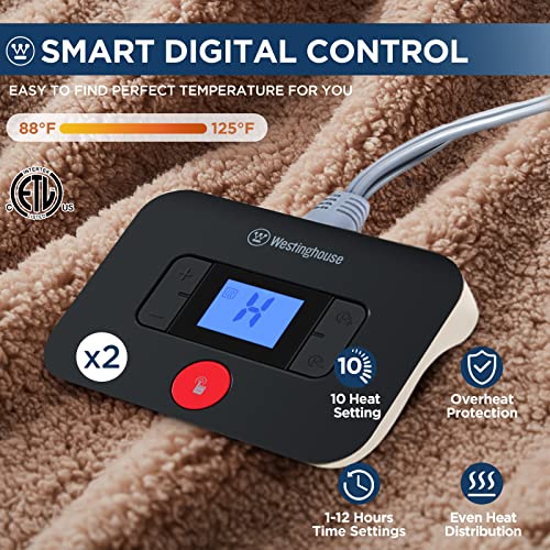 Westinghouse Electric Blanket Queen Size, Soft Plush Sherpa Heated Blanket With 10 Heating Levels & 1-12 Hours Auto-Off, Machine Washable, 84X90 Inches, Camel #TOP1