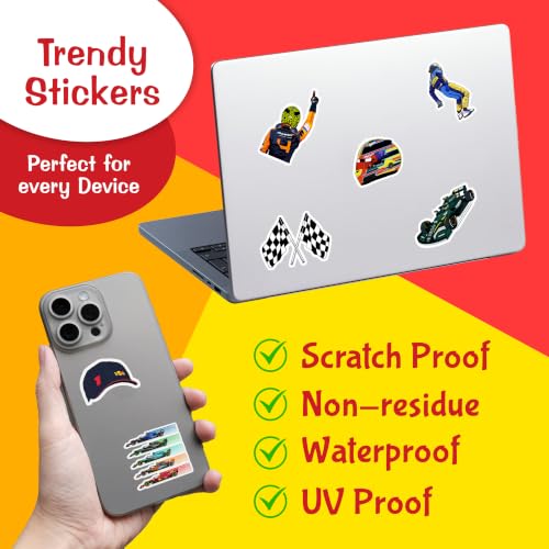 Image of F1 Racing Vinyl Sticker Pack (58 PCS) - Waterproof 3-Inch Multicolor Decals for Laptop, Mobile, Guitar, Journal & More