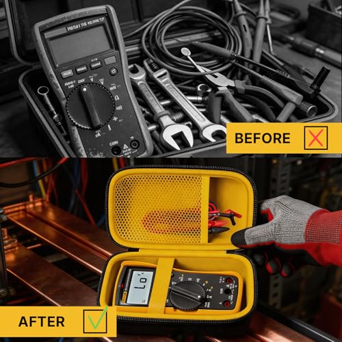 Image of COMECASE Hard Multimeter Case Compatible with Fluke 117 /115 /116 | Hard Storage, Mesh Pocket for Test Leads, Handle, for Fluke 101 107, Electricians and Travel, Yellow Interior, Case Only