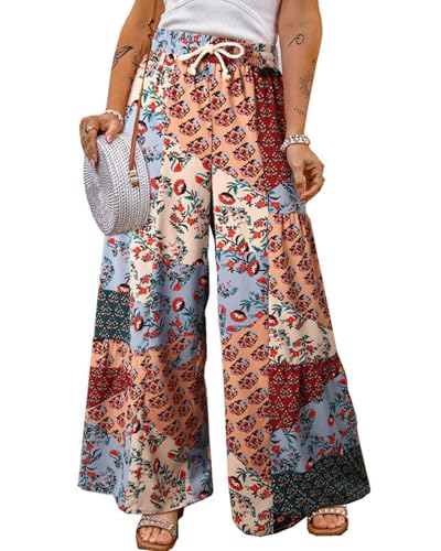 Womens Boho Floral Palazzo Pants Wide Leg Casual Elastic High Waist Drawstring Trousers