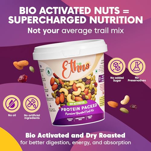 Image of Ethno Protein Packed Bio-Activated Trail Mix (14-Pack) - Roasted Almonds, Cashews, Raisins, Pumpkin Seeds - Sprouted Nuts & Seeds + Mixed Dry Fruit Combo Pack - No Added Sugar, Oil-Free, Healthy Snack