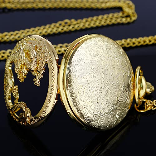 Image of Dragon Design Quartz Pocket Watch Roman Numerals with Chain Birthdays Gifts for Father's Days