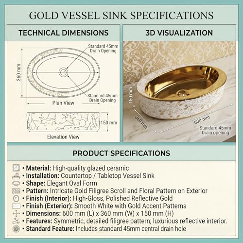 Image of BASSINO 24x14x6 Inches Table Top Washbasin /1 Year Warranty /Ceramic Wash Basin for Bathroom /Oval Counter Top Wash Basin for Restaurant /Dining Hall /Living Room /Designer Vessel Sink(Glossy White & Gold)