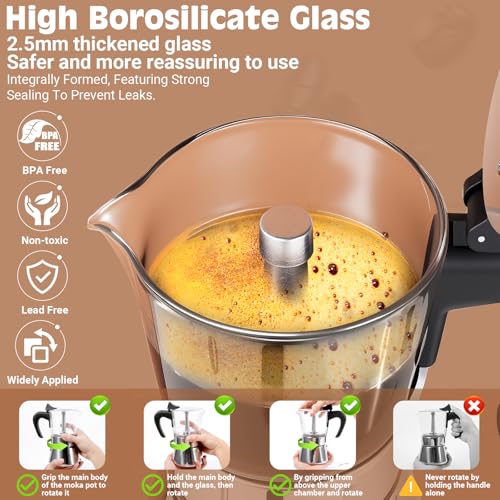 Image of 6 Cup 300ml Glass Moka Pot, Stovetop Espresso Maker, Silver | Crystal Glass-top & Stainless Steel Coffee Maker, Induction Compatible, for Greca de Cafe, Cuban and Italian Coffee Brewing