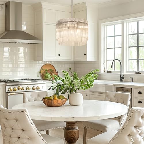 Image of 15.44 inch Drum Chandeliers Dining Room Brushed Nickel 6-Lights | Modern Round Glass Chandelier with Crystals for Living Room Kitchen Island Entryway Foyer Stairway Light Fixture