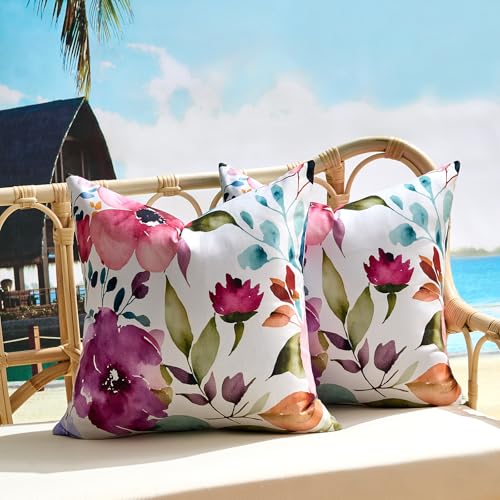 KWLET Fundas para Cojines de Exterior Impermeables de 40 x 40 cm, Juego de 2 Fundas Impermeables para Exterior con Flores Moradas, Fundas con Estampado Floral para Silla de Patio, Jardín, Sofá, Hogar