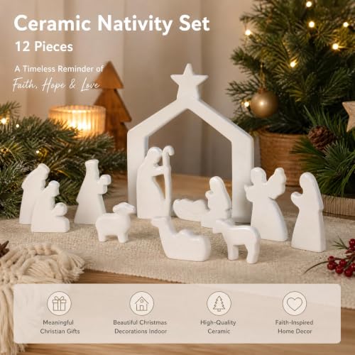 Image of NEROSUN Nativity Scene Set Figurines, 12Pcs White Ceramic Nativity Scene Miniature Holy Family Tabletop, Christmas Decorations for Indoor Holiday Table Mantel Decor Christian Spiritual Gift
