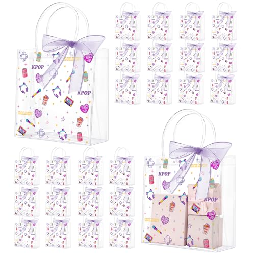 Mooliwe 50 Pcs Kpop Theme Party Gift Bags with Ribbon Bow Popular Singer Party Favors PVC Clear Gift Goodie Bags with Handles for Purple Birthday Decoration Friendship Fans Favors Decoration