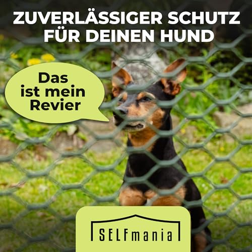 SELFmania Hundezaun 25m lang 90cm hoch SCHWARZ [TESTSIEGER] inkl. 21x Stäbe & 25x Erdanker | Begrenzungszaun Robust & Mobil | Flexibler Zaun für Hunde | Sorgloser Hundeauslauf im Garten & Camping