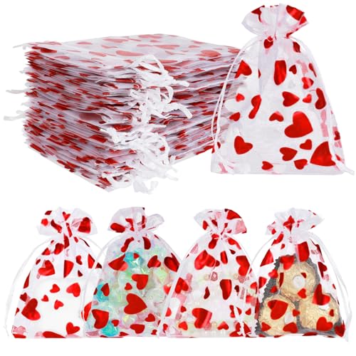 Tapleap Small Heart Gift Bags for Kids Classroom Heart Print Organza Drawstring Bags for Packaging Candy or Goodie For Summer Vacation Wedding Birthday Bridal Showers 50Pcs 3x4in(9x12cm)