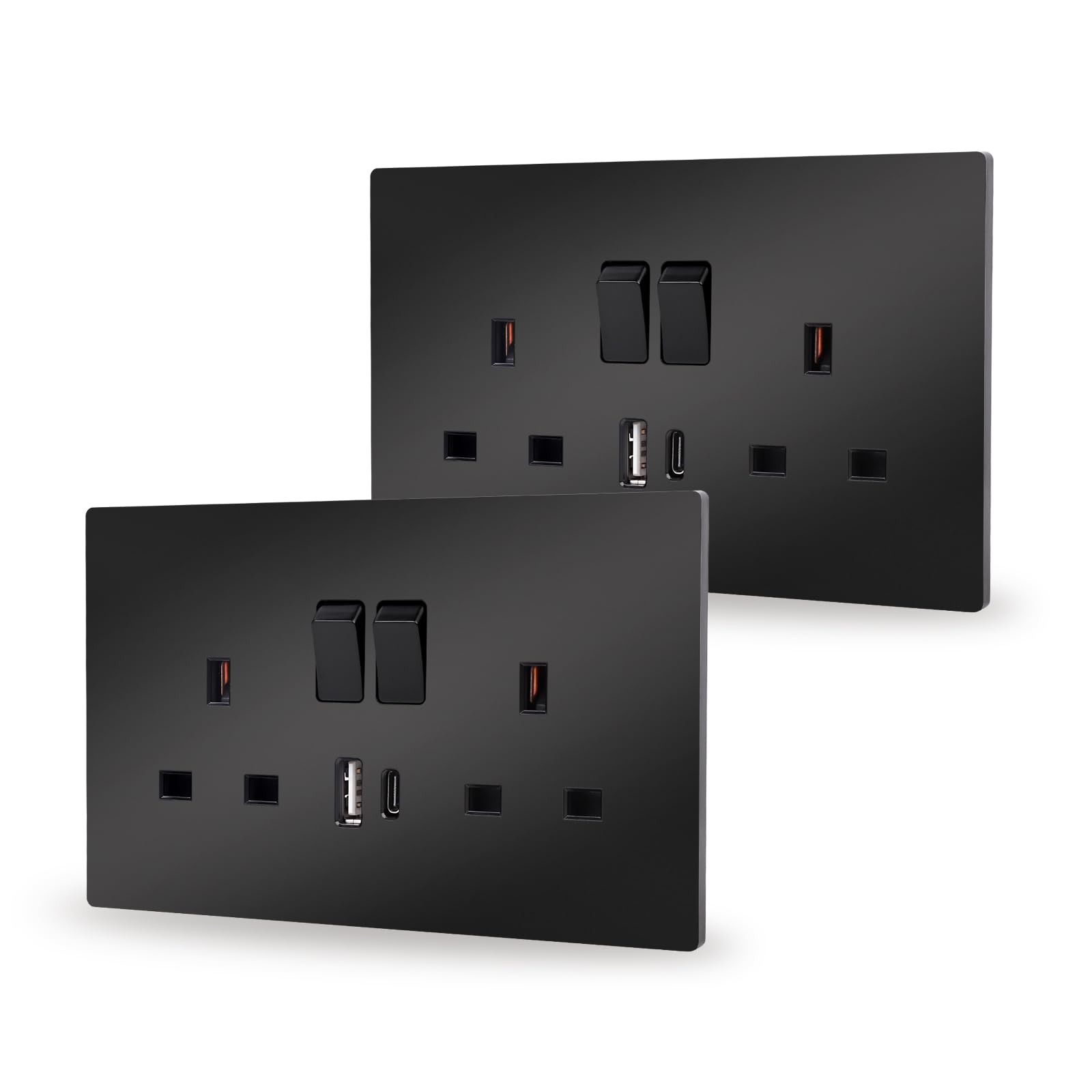 JIMEIDA 2 Pack Double Switched Socket Black 13 Amp with USB-A And Type-C Charging Ports PC Panel Wall Outlet Power Socket