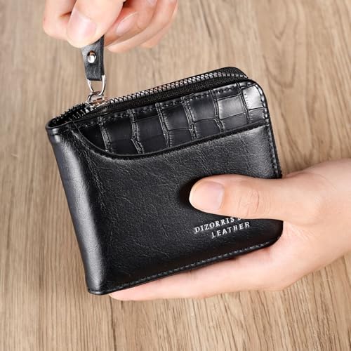 Mens Leather Zipper Wallet, Large Capacity Bifold Multi-card Holder, (3.7 x 4.5 Inches), Black