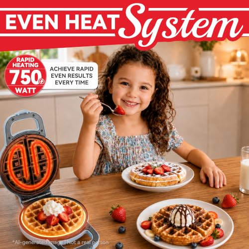 Image of SugarWhisk 6-Inch Flip Belgian Waffle Maker, Ceramic Nonstick,Pale Blue | 180 Flip Waffle Iron, 750W Heat, PFAS-Free Ceramic Plates, Cool-Touch Handle, Safety Lock, Batter Groove & Upright Storage