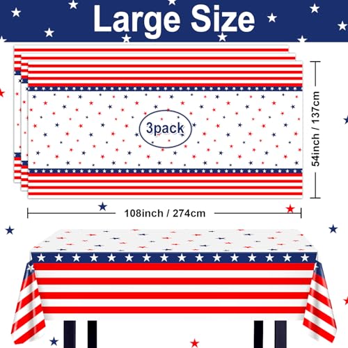 Image of Avezano 3 pcs 4th of July Tablecloth Patriotic Tablecloths Red White and Blue Plastic Table Covers Disposable 108 x 54 inch Fourth of July Decorations