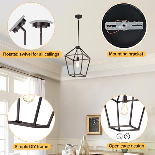 ACLand 1-Light 12" Wide Farmhouse Chandelier Lantern, Oil Rubbed Bronze Cage Pendant Over Island, Adjustable Height Lamp with Rods for Kitchen Island, Dining Room, Foyer, Dry Location by ACLand - Used condition - Image 7