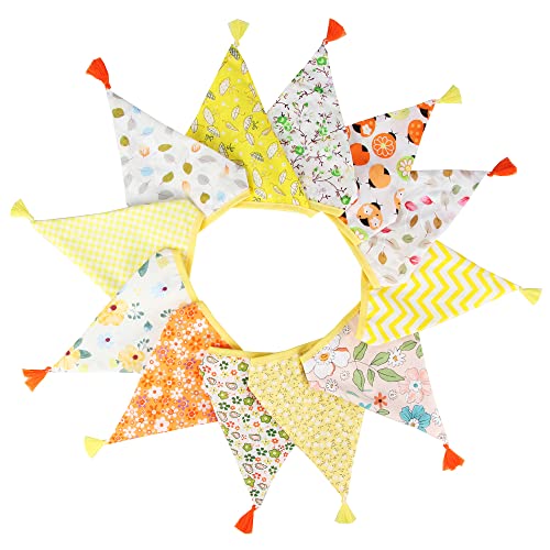 G2PLUS Fabric Bunting Banner with Tassel, 3.3M Double Sided Cotton Tassel Banner with 12 Yellow Triangle Pennants