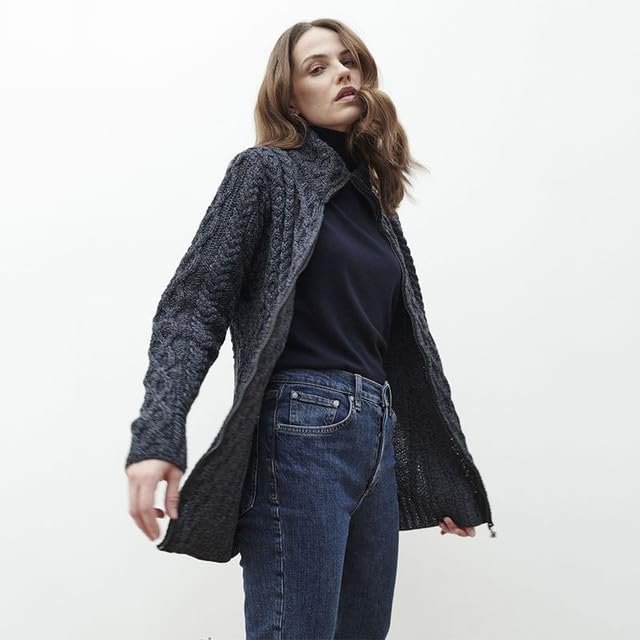 Image of 100% Irish Wool Women's Cable Knit Cardigan Sweater, Full Zip, Made in Ireland