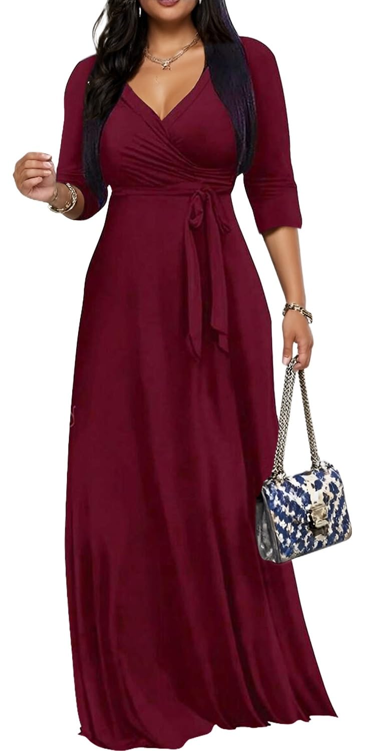 Women's Church Maxi Wrap V Neck 3/4 Sleeve Tie Waist Plus Size Long Dress