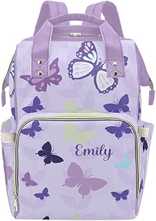 Yeshop Butterfly Purple Personalized Diaper Bag Backpack Tote with Name,Custom Travel Nappy Mommy Bag Backpack for Baby Girl Boy Gift, A300, 10.83In x 6.69Inx 15In