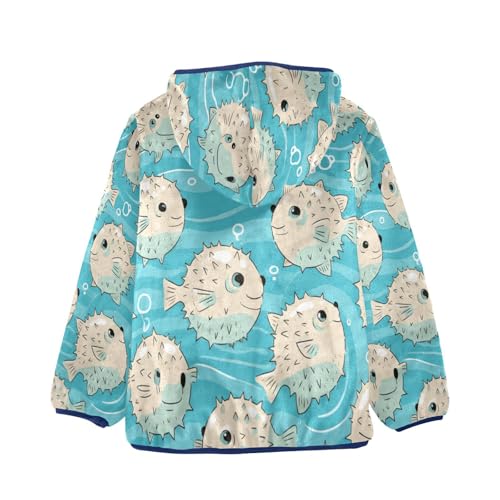 Pufferfish Blue Fish Pattern Toddler Fleece Jacket Girl Boys Hooded Fleece Jacket Coat Warm Outwear Zip-up 3-10T2