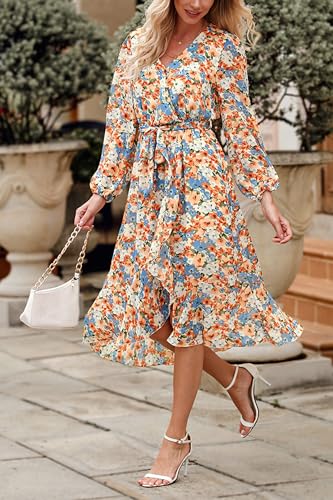 Image of PRETTYGARDEN Women's Floral Boho Dress Fall Long Sleeve Wrap V Neck Ruffle Flowy Maxi Spring Wedding Guest Vacation Dresses