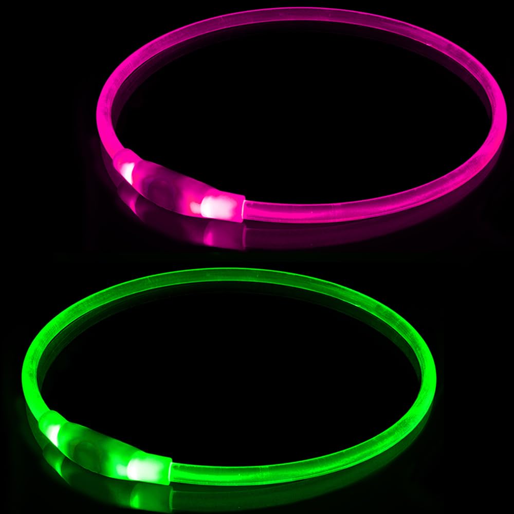 2 PCS LED Dog Collar, USB Rechargeable Flashing Dog Collar for Night Safety, Adjustable, Waterproof, Bright Illuminated Collar for Dogs, One Size Fits All, Green + Pink — image 1