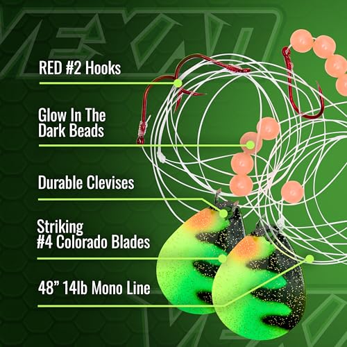 Vexan Glow Walleye Spinner Rig - Kit de 12 Señuelos de Pesca con Gusano para Walleye, Set de Anzuelos #2 con Cuchillas Colorado #4 y Líneas de 48 pulgadas miniatura 3