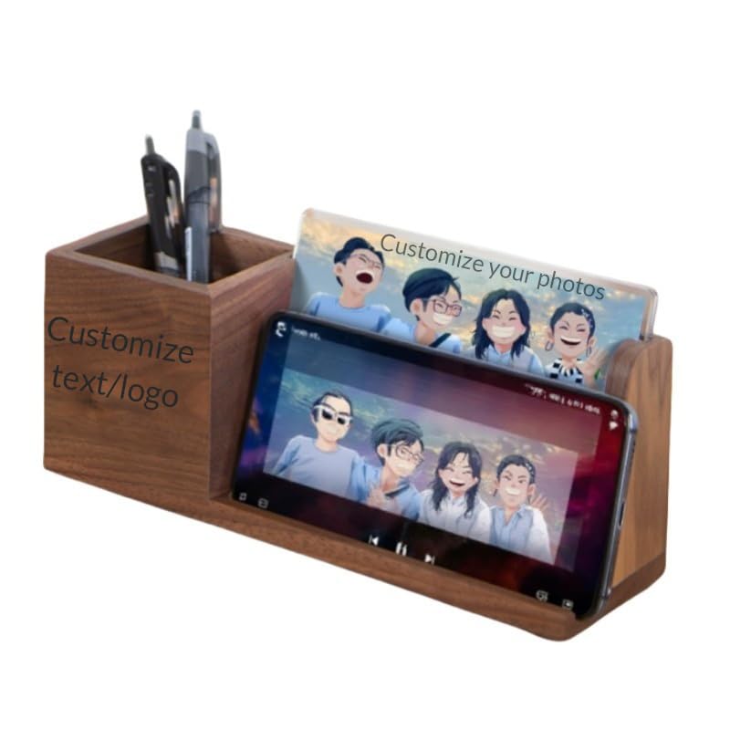 Portalápices de madera personalizado para escritorio con soporte para teléfono celular, grabado personalizado de texto/fotos, organizador de escritorio de madera maciza, regalos para compañeros de