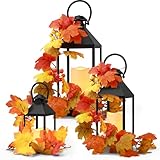 Retisee 3 Set Fall LED Candle Lantern Decorative with Maple Pumpkin Vine Indoor & Outdoor, 11''15' 16'' Vintage Hanging Lantern, Thanksgiving for Patio Front Porch Home Decor
