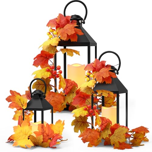Retisee 3 Set Fall LED Candle Lantern Decorative with Maple Pumpk...