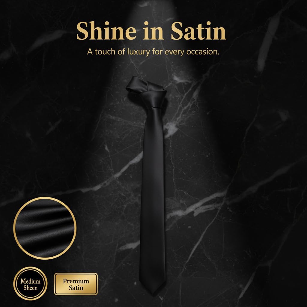 K. Alexander Men's Solid Black Retro Skinny Necktie 1.5" Satin Finish - Formal Slim Tie - Image 3
