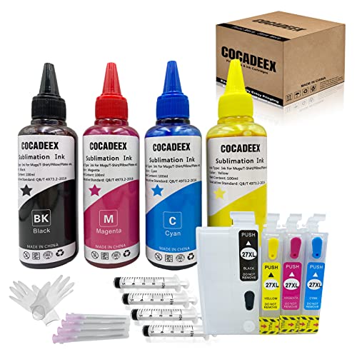 COCADEEX Kits de Recarga de Tinta de sublimación 27XL compatibles con Impresora Workforce WF-7110 WF-7610 WF-7620 WF-7720 WF-7715 WF-7710 WF-7210, para Tazas, Almohadas, Platos, etc