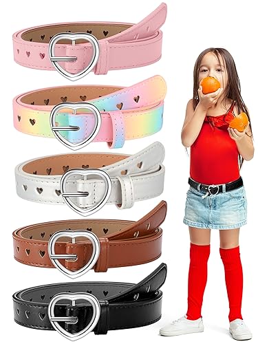 Sintege 5 Pcs Girls Belt Size 6-12 Kids PU Leather Waist Belt Hollow Heart Design Metal Buckle for Girl Pants Jeans Dress
