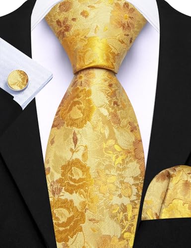 Image of Barry.Wang Flower Ties for Men Handkerchief Cufflinks Set Wedding Necktie Set Party