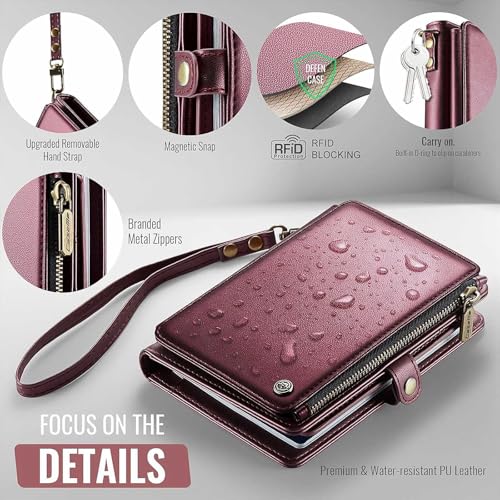 Image of Passport Wallet with AirTag Holder, RFID Blocking Passport Holder for Travel Family, PU Leather Document Organizer with 11 Card Slots & Wrist Strap, Wine