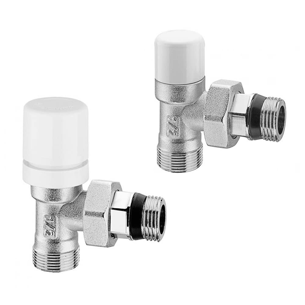 Valvola e detentore per termoarredo in acciaio cromo con tappo bianco, attacchi standard G ½”, INCLUDE testa termostatica e raccordi per rame o multistrato
